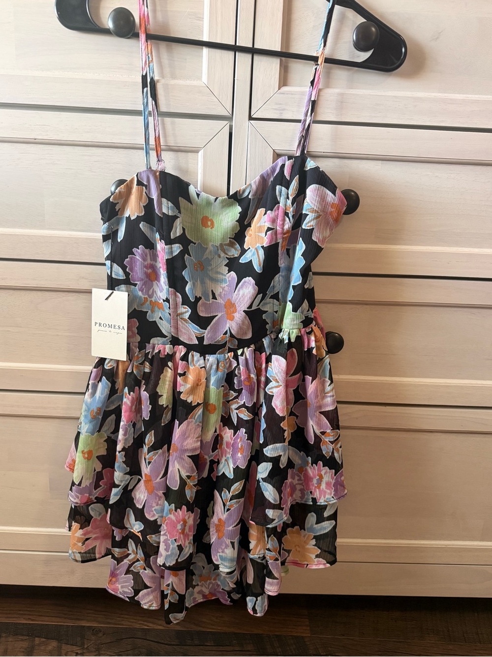 Vici Black Floral Tiered Romper with Pastel Blooms